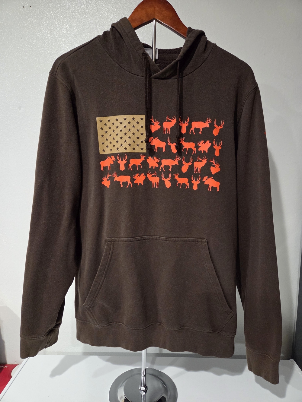 Columbia Brown Hoodie with Orange Animal Flag Graphic
